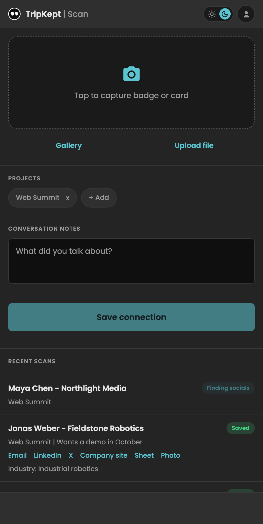 TripKept badge scanner on a phone, showing demo contacts being captured and enriched